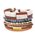 Conjunto de pulsera envolvente boho de cuero multicapa y cuentas de madera trenzadas. - Estilo 2