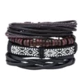 Multi-layer leather wrap bracelet set with wooden beads and ethnic woven strap for men. - Style 8