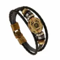 Multi-layer braided leather bracelet featuring a vintage Cancer zodiac sign metal charm for men and women. - Cancer / 20.5cm