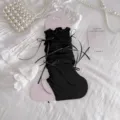 Sweet black stirrup leg warmers with ribbon bowknot, balletcore style slouch socks for women. - One Size / Black