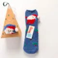 Women coral fleece Christmas fuzzy socks featuring cute 3D Santa plush design and gift box. - No Box / Blue Santa Claus