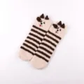 Fuzzy coral fleece socks for women, cute 3D puppy ears, brown striped thermal floor socks. - No Box / Khaki Dog
