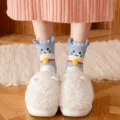 Niedliche flauschige Katzen Plueschsocken fuer Damen, dicke warme Haussocken mit 3D Ohren. - Blau
