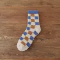 Women's fuzzy coral fleece warm winter mid-calf socks with blue and brown plaid pattern. - One Size / Khaki Plaid