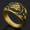 Anillo de acero de titanio Valknut Viking vintage para hombre, banda gótica oro negro. - Talla 8 / Dorado