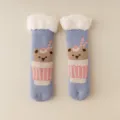 Women fuzzy thermal socks in soft blue with cute bear cup knit pattern for cozy winter home wear. - One Size / Milk Tea Bear