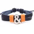 Schwarzes Lederarmband mit orangefarbenem Seil und silbernem Charm, verstellbares Geschenk. - Symbol Und / Schwarz