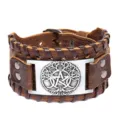 Retro breites Lederarmband mit antiker Baum des Lebens Plakette, zweilagige Armspange. - Braunes Leder + Antikes Silber