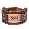 Brazalete de cuero vintage con pentagrama de metal y triple luna gotico wicca - Cuero Marrón Y Rojo Antiguo
