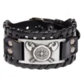 Brazalete de cuero ancho hacha doble escudo vikingo vintage pulsera punk rock gótica hombre - Cuero Negro Plata Antiguo