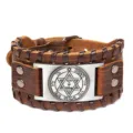 Brazalete de cuero vintage retro para hombre pulsera punk ancha con hexagrama mistico. - Cuero Marrón Plata Antiguo