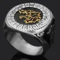 Anillo de lobo vikingo vintage para hombre en acero de titanio con grabados de runas y oro. - Talla 8 / Amarillo
