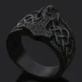 Viking Thor's Hammer wolf head ring for men, retro Norse rune titanium steel band. - Size 8 / Black