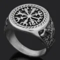 Anillo hombre vintage runa vikinga de acero inoxidable vista principal con escultura de brújula. - Color acero