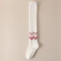 Fluffy coral fleece over-the-knee winter socks with pink chevron pattern for women - One Size / White