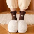 Cozy winter fleece bear socks and fluffy slippers set, cute brown and white warm home wear. - One Size / Coffee