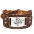 Brazalete de cuero ancho para hombre, pulsera vintage punk gótica de doble capa con placa de dragón. - Cuero Marrón + Plata Antigua