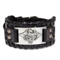 Brazalete ancho de cuero vintage con placa de dragon de metal punk gotico hombre - Cuero Negro + Plata Antigua