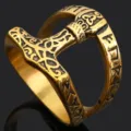 Anillo Martillo de Thor vikingo para hombre, acero inoxidable dorado vintage con runas. - Talla 8 / Dorado