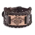 Vintage wide leather bracelet for men, double layer punk wristband with alloy dragon plate. - PU Brown Leather + Antique Copper