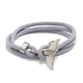 Grey woven Milanese rope bracelet with a silver whale tail charm, nautical ocean style. - Light Gray