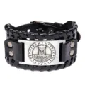 Brazalete de cuero ancho martillo de Thor vintage amuleto runico vikingo joyeria punk rock - Cuero Negro Plata Antiguo