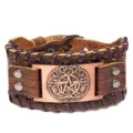 Vintage breites Lederarmband mit Lebensbaum Pentagramm Kupfer Metall Manschette Boho Stil - Braunes Leder + Antikes Kupfer