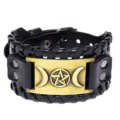 Brazalete de cuero vintage con pentagrama luna triple punk retro pulsera de cuero joyeria - Cuero Negro Y Bronce Antiguo