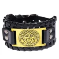 Vintage breites Lederarmband mit gotischem Metall Baum Pentagramm Anhänger für Herren Damen - Schwarzes Leder + Antikbronze