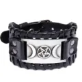 Brazalete de cuero negro punk con placa de metal triple luna pentagrama joyeria gotica - Cuero Negro Y Plata Antigua
