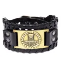 Pulsera de cuero negro ancho vintage con placa de metal de martillo de Thor runas joyas - Cuero Negro Bronce Antiguo