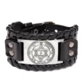 Brazalete de cuero vintage para hombres estilo punk con placa de metal hexagrama. - Cuero Negro Plata Antiguo