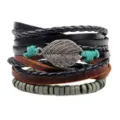 Pulsera de cuero trenzado de múltiples hilos con dije de hoja plateada y abalorios. - Multicapa Trenzado Hoja Abalorios / Colores Mezclados