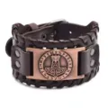 Vintage Norse Thor's Hammer wide leather bracelet with vintage runes black style variant - PU Brown Leather + Antique Copper
