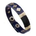 Punk style blue leather bracelet with metal diamond studs and woven cord for men and women daily wear - Blue