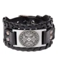Pulsera de cuero ancha para hombre y mujer, estilo punk retro con placa de metal y hebilla. - PU Negro + Plata Antigua