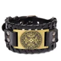 Pulsera de cuero ancha con placa de bronce antiguo y nudo cruzado irlandés, ajustable. - PU Negro + Bronce Antiguo