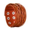 Wide braided brown leather cuff bracelet with metal snap buttons for punk retro jewelry. - Tan