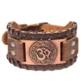 Pulsera de cuero ancha vintage para hombre con símbolo tallado de metal, estilo retro. - Cuero Marrón Rojo Antiguo