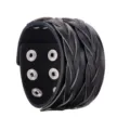 Black leather braided cuff bracelet detail, punk style wide wristband with metal snaps. - Black