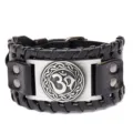 Pulsera de cuero trenzado vintage para hombre con dije Om de metal y remaches sólidos. - Cuero Negro Plata Antiguo