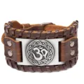 Brazalete de puño de cuero genuino trenzado vintage con dije símbolo Om de metal joyería vikinga - Cuero Marrón Plata Antiguo