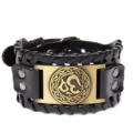 Pulsera de cuero de vaca trenzado retro para hombre, brazalete ancho estilo vikingo. - Cuero Negro Bronce Antiguo