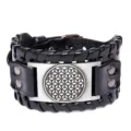 Brazalete de cuero ancho retro punk para hombre con placa de metal y diseño geométrico - Cuero Negro Plata Antiguo