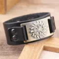 Men's punk wide leather bracelet with retro bronze sun wheel metal charm vintage style - Black Leather And Antique Bronze