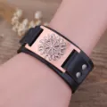 Men punk leather bracelet viking sun wheel alloy bangle vintage gothic wristband jewelry - Black Leather + Antique Copper