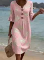 Pink linen V-neck midi dress featuring elegant floral embroidery and vintage front button closure. - Pink Coconut Print