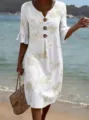 Beachwear style detail shot, white linen dress with floral embroidery and wooden buttons. - White Coconut Print
