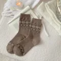 Gemütliche Damen Woll-Wintersocken mit klassischem Fair-Isle-Muster, warm und dick. - Einheitsgröße / Khaki