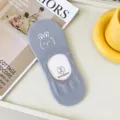 Women's shallow invisible boat socks in light grey with cute rabbit print and comfortable fit. - One Size / Grey Blue